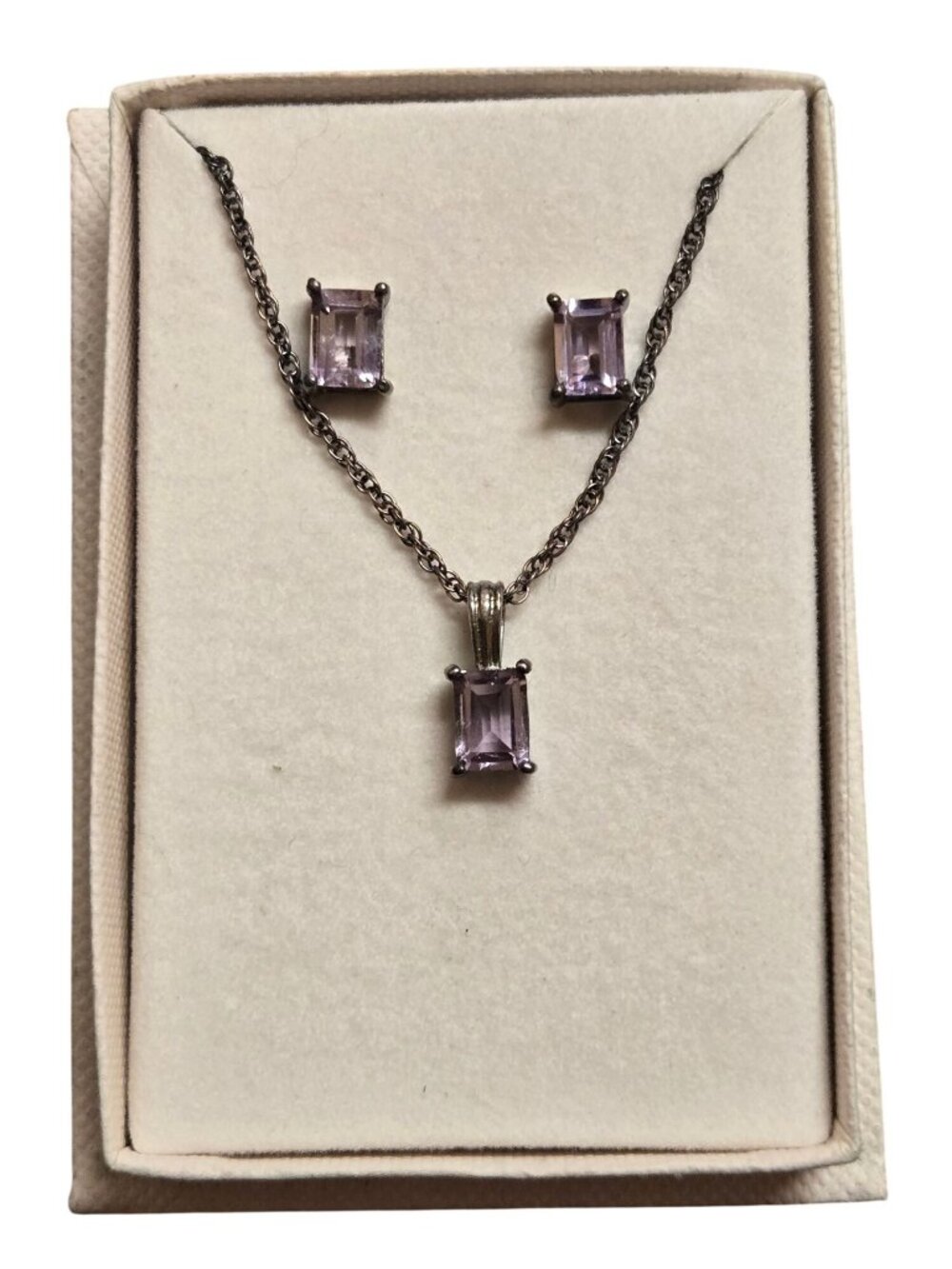 Sterling Silver Lavender Emerald Cut Necklace Stud Earring Set 925 Amethyst - Picture 2 of 11